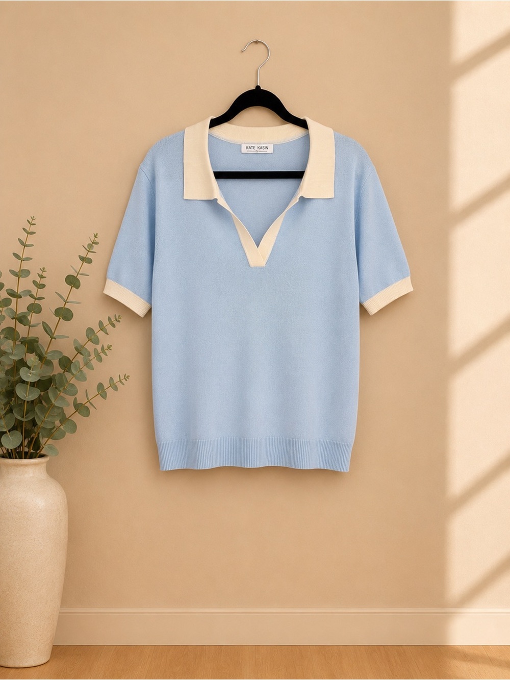 Light Blue V-Neck Polo Sweater with Cream Trim